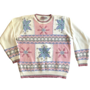 Vintage Textured Knit Pastel Crewneck Pullover Sweater